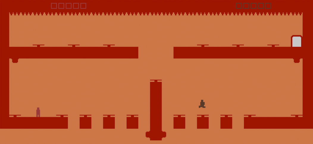 Hero on a long platform with the exit in sight